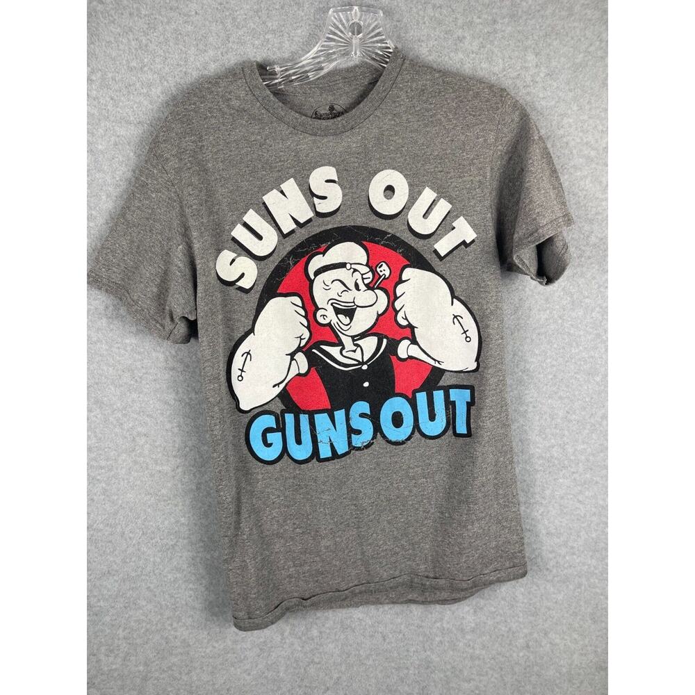 Popeye Suns Out Gusn Out T Shirt Men's Size Small Gray Vintage Style Cartoon Tee